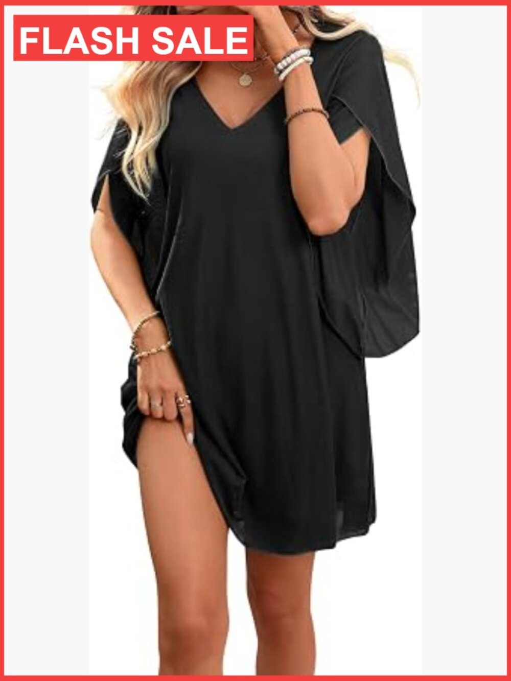 Women's Sparkly Cocktail Dress Flutter Sleeve Loose Chiffon Party V-Neck Mini